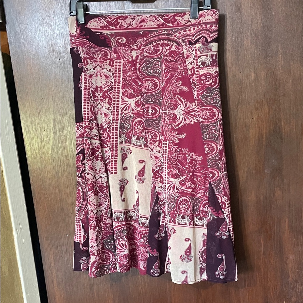 BCBG purple patchwork, paisley knee length skirt